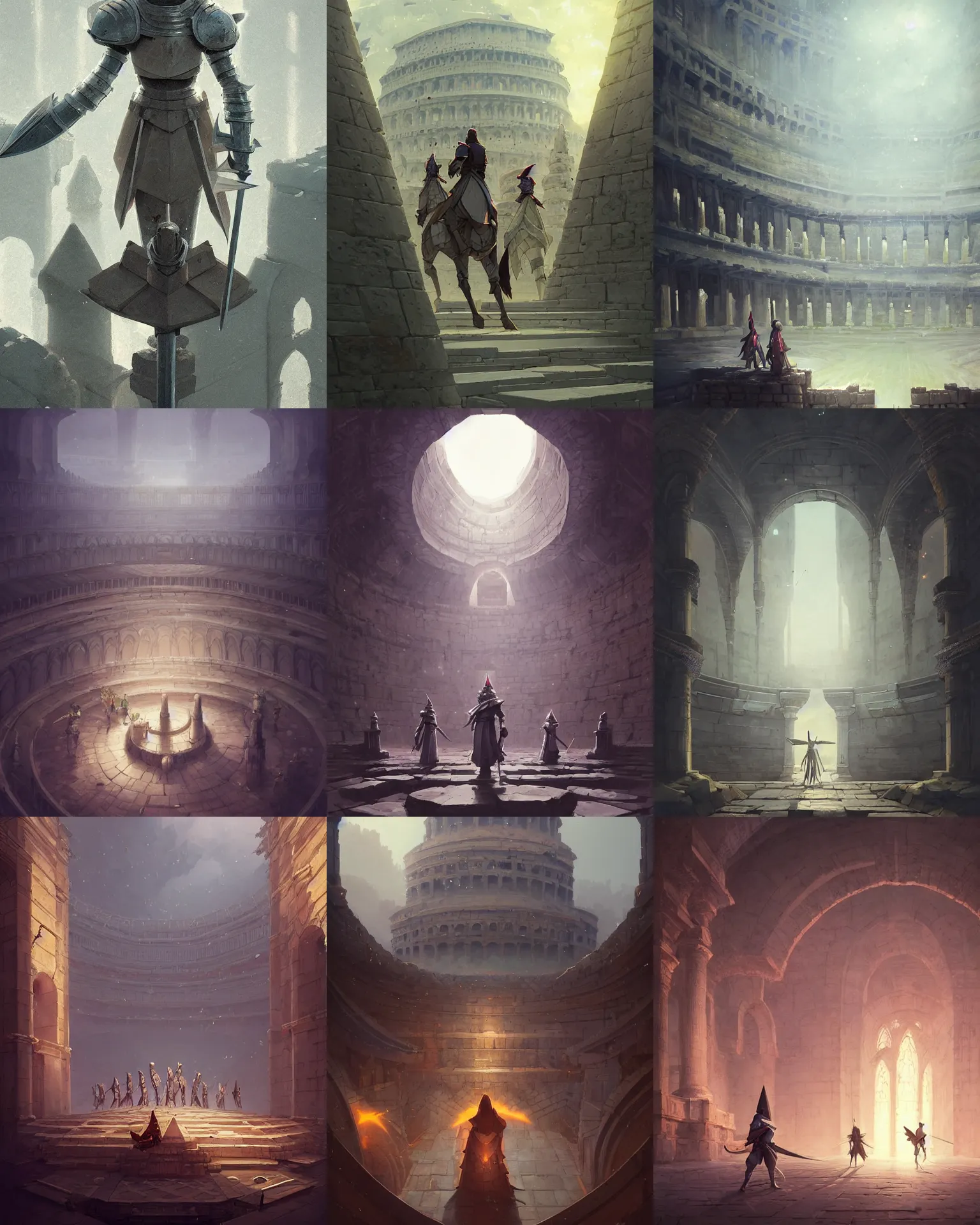 Prompt: training knights in a polygonal colloseum, light dust, magnificent, close up, details, sharp focus, elegant, highly detailed, illustration, by Jordan Grimmer and greg rutkowski and PiNe(パイネ) and 薯子Imoko and 香川悠作 and wlop and maya takamura, intricate, beautiful, Trending artstation, pixiv, digital Art