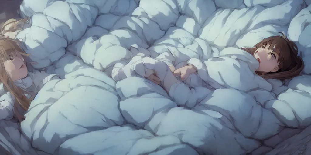 Image similar to a brunnete girl with blue eyes and puffy cheeks lying happy in her bed, close up shot from the top, anime art, Greg Rutkowski, studio ghibli, dramatic lighting