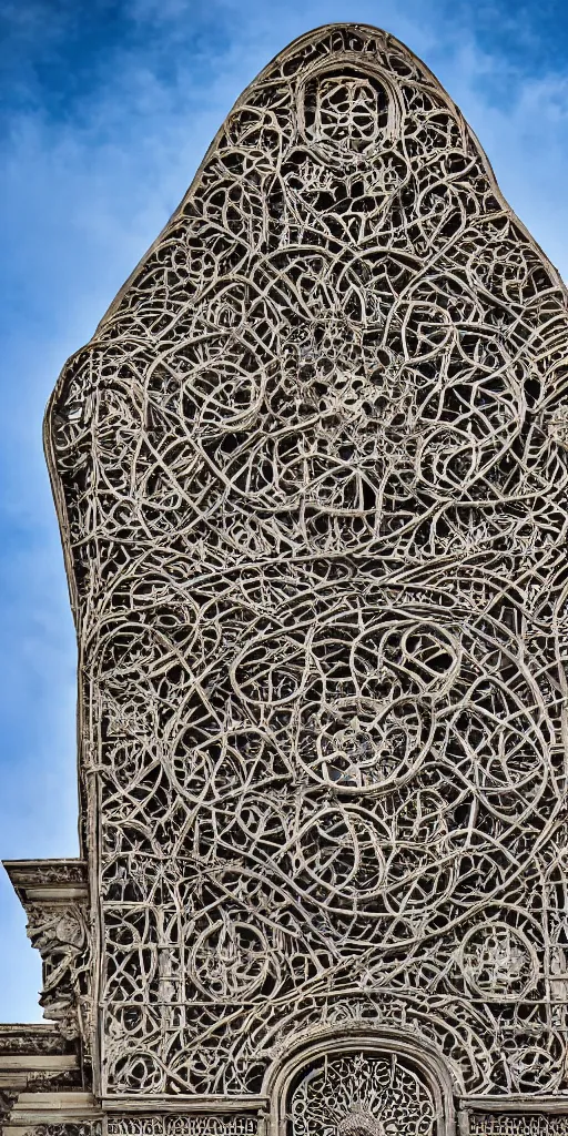 Image similar to a professional photograph of a beautiful modern building by Louis Sullivan and H.R. Giger covered in black ironwork vines, rusticated stone base, stone stone, a dramatic sky, Sigma 75mm, ornate, very detailed, hyperrealistic, liminalspaces, Symmetrical composition, centered, intricate, panoramic, Dynamic Range, HDR, chromatic aberration, Orton effect, 8k render, photo by Marc Adamus, cinematic, cgsociety, vignette, vignette , artstation,