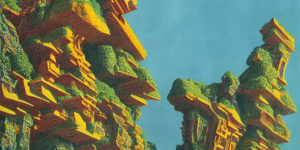 Prompt: angular building by escher and ricardo bofill. utopian landscape by roger dean. magical realism, surrealism, waterfalls, trending on artstation, shot from below,