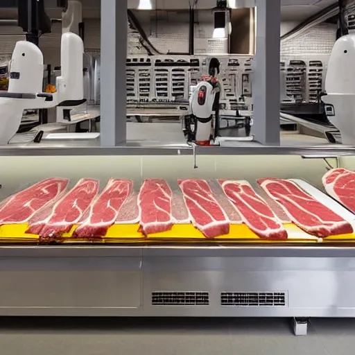 Image similar to butcher shop with three robotic kuka robot cutting machines, steel countertops display various cuts of meat, photorealistic, highly detailed