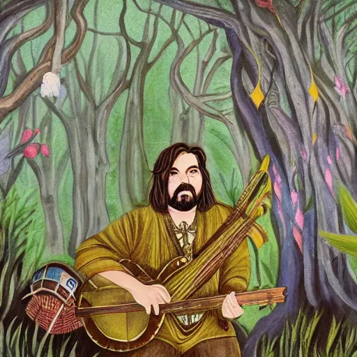 Prompt: Matt berry in a medeival fairy forest painting as a bard woodsman