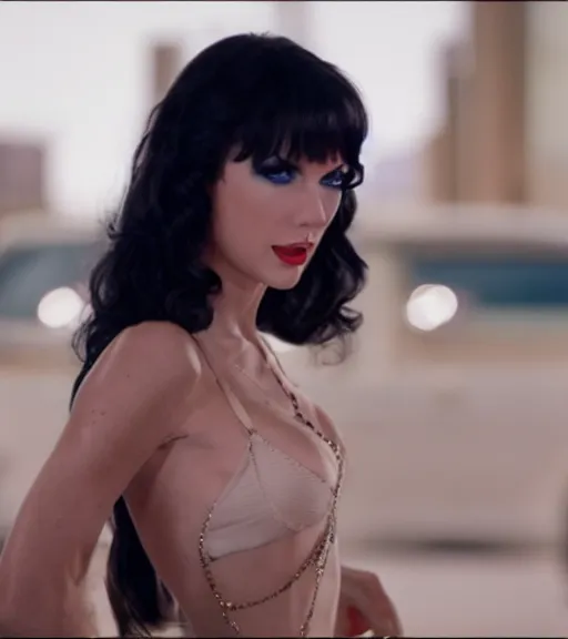 Image similar to a movie still of taylor swift as elvira in the movie scarface 2 0 4 9