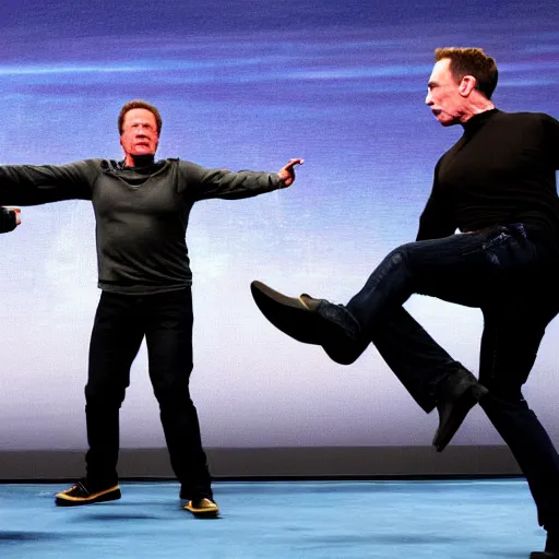 Image similar to high definition snapshot of arnold schwarzenegger kicking the crap out of elon musk & mark zuckerberg