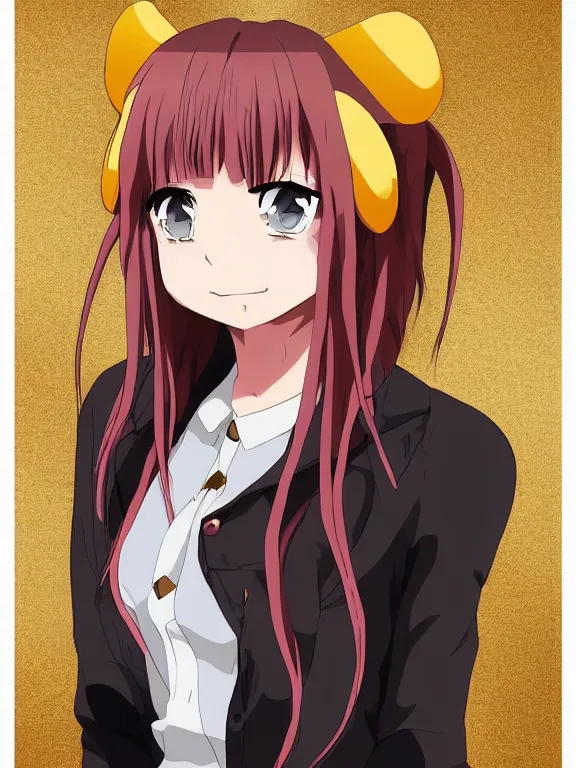 Prompt: Anime portrait of a smiling demi-human, short pink hair, gold and yellow notched antlers, bottom-half goat top-half woman, brown fur, brown tail, trending on artstation