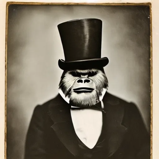 Prompt: a vintage wet plate portrait of a dignified bigfoot with a top hat and cane, extremely detailed, by george hurrell!!!!!!!!!!!!!!!!!!