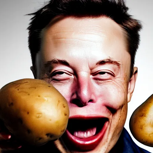 Prompt: elon musk surprised, mouth open wide, holding a potato, 4 k photography, highly detailed, portrait, cinematic lighting