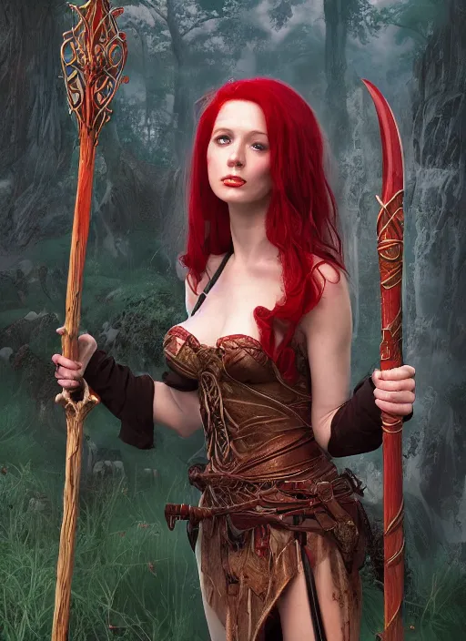 Image similar to beautiful elf witch red hair, holding a magic staff, d & d fantasy character, detailed matte painting, studio lighting, octane render, larry elmore michael whelan