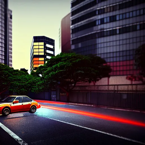 Image similar to a car parked JZX100 at side of road, Shibuya prefecture, city sunset, cinematic color, photorealistic, highly detailed, bokeh, DOF, octane render