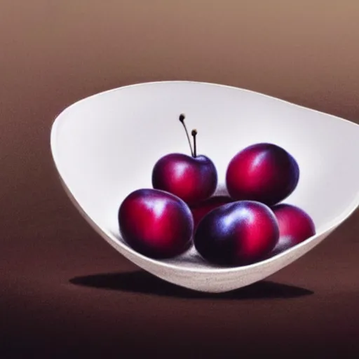 Prompt: concept art drawing of a single thick porcelain bowl filled with a few moist freshly picked plums on a wooden table. volumetric lighting. small scale. artistic. top down.