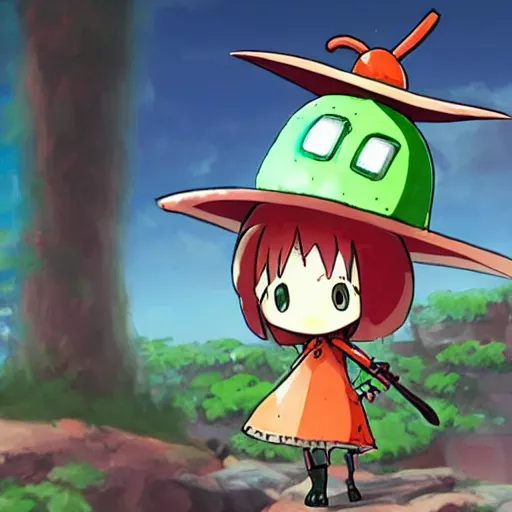 Image similar to cute robot with big tomato hat and a carrot sword, made in abyss style