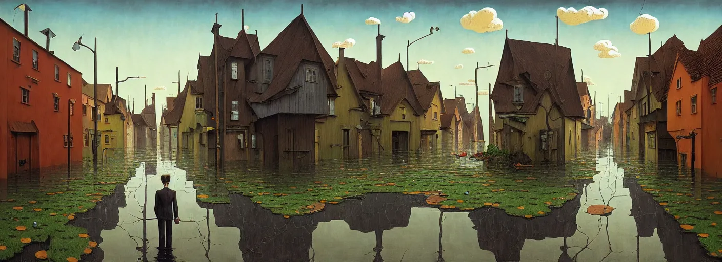 Image similar to flooded! old wooden empty cursed city street, very coherent and colorful high contrast masterpiece by gediminas pranckevicius franz sedlacek rene magritte norman rockwell, full - length view, dark shadows, sunny day, hard lighting, reference sheet white background