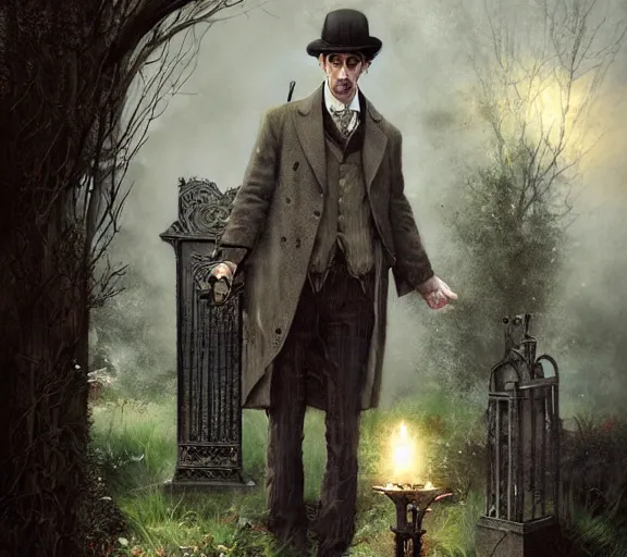 Prompt: sherlock holmes standing in a graveyard, soft colors, detailed, digital art, hd, by tom bagshaw, by fintan magee, by raymond swanland