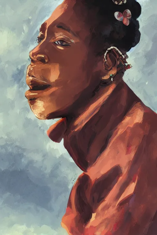 Image similar to a black woman ancestor watching her kids from the sky ( ( ( ( volumetric light ) ) ) ), high angle, part by pearl fryar, part by prince damah, sunny day, trending on artstation, cinematic view, illustration, painting.