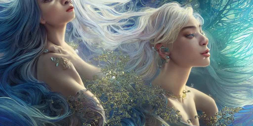 Image similar to wide angle, opalescent purple panther, metallic silver and ice color reflected crystal hair, leaping from babaob tree, fantasy, intricate, very beautiful, elegant, golden light, highly detailed, digital painting, artstation, concept art, smooth, sharp focus, unreal engine, art by wlop and tian zi and alphonse mucha