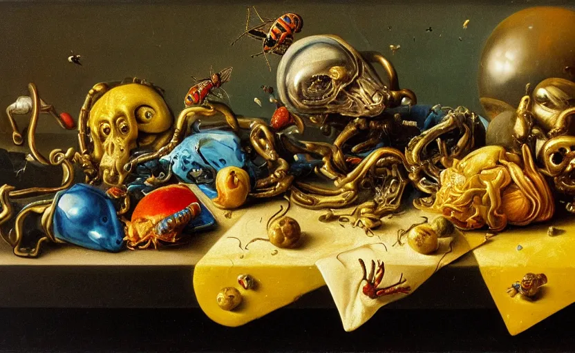 Image similar to disturbing colorful oil painting dutch golden age vanitas still life with bizarre objects strange gooey surfaces shiny metal bizarre insects rachel ruysch dali todd schorr very detailed perfect composition rule of thirds masterpiece canon 5 0 mm, cinematic lighting, photography, retro, film, kodachrome