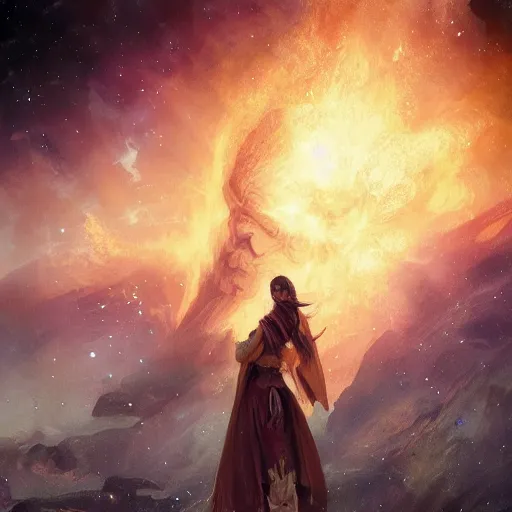 Image similar to epic portrait Planet earth burning from space, stars, dark, accurate, digital painting, artstation, concept art, soft light, hdri, smooth, sharp focus, illustration, fantasy, intricate, elegant, highly detailed, D&D, matte painting, in the style of Greg Rutkowski and Alphonse Mucha and artemisia, 8k, highly detailed, jurgens, rutkowski, bouguereau, pastoral, rustic, georgic