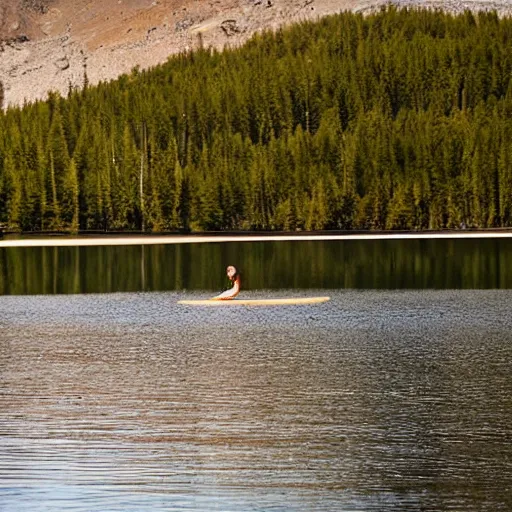 Prompt: Mysty lake, single human floating in the lake in the distance, dark