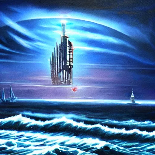 Image similar to a ship off the shore of a beautiful coast with a distant ominous biopunk tower filled with evil technology glowing in the distance, painting by John Berkley