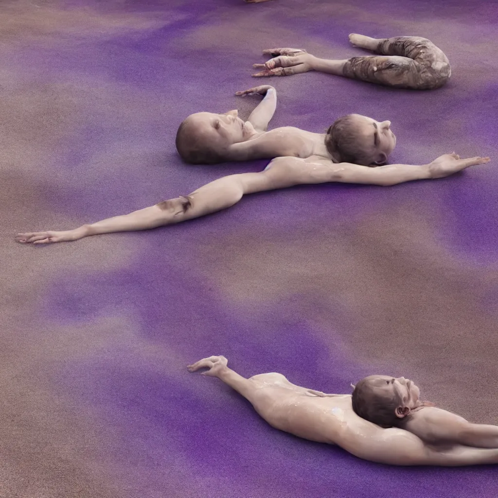 Image similar to close - up view of iridiscent oil spill in desert sand tempest with women corpses connected by cables and computers to wax forms to a buried baby relaxing on yoga mat, faded, purple gradient, dust, purple fog, depth of field, by werner herzog, hans bellmer and nadav kander, 8 k, sad atmosphere, cinematic