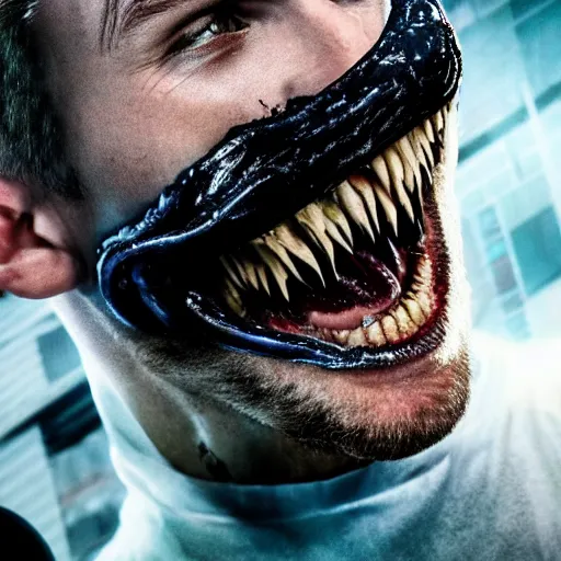 Prompt: Mackenzie Gray as Eddie Brock from Venom (2018), 4k, insanely detailed, fangs