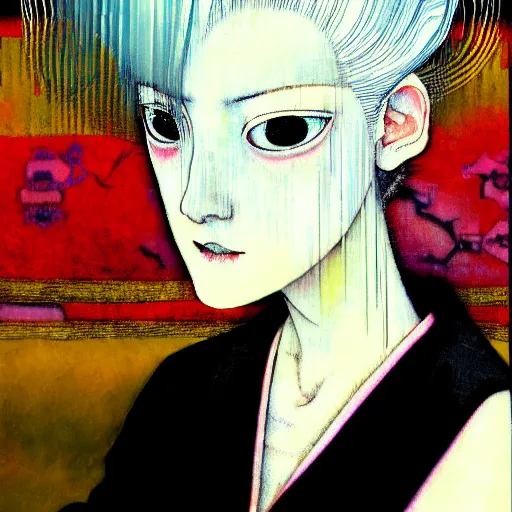 Image similar to yoshitaka amano blurred and dreamy realistic three quarter angle portrait of a woman with white hair and black eyes wearing dress suit with tie, junji ito abstract patterns in the background, satoshi kon anime, noisy film grain effect, highly detailed, renaissance oil painting, weird portrait angle, blurred lost edges