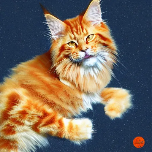 Prompt: orange maine coon cat yawning, norwegian forest cat, cuddly fur, highly detailed, sharp focus, digital painting, artwork by Victor Adame Minguez + Yuumei + Tom Lovell + Sandro Botticelli