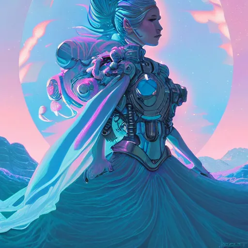 Prompt: gouache, ethereal cybernetic princess in the mountains, extremely detailed, sharp focus, wide view, full body shot, smooth, digital illustration, by lisa perrin!!!!, dan mumford, james jean, by rossdraws, frank franzzeta, sakimichan