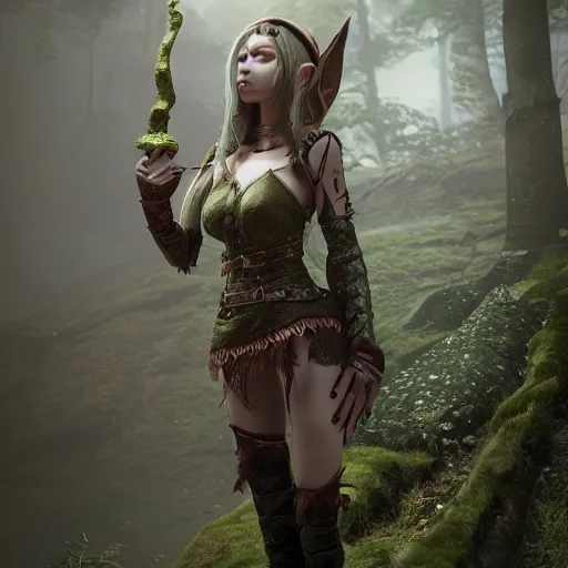 Image similar to higly detailed full body character art of a elf, full body, highly detailed, photo realistic, dark fantasy atmosphere, froggy, 8K, octane render, unreal engine