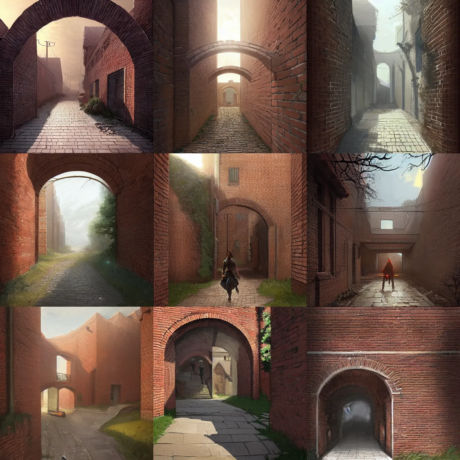 Prompt: brick wall with a circular passage leading into a suburban street. framed, centralized urban fantasy, high detailed digital art trending in artstation. artist greg rutkowski