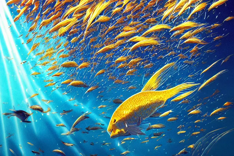 Image similar to portrait of goldfishes swarming the ocean. shadow and light. rays of light. energetic, dynamic, lively, detailed, intricate, complex. fine art by hayao miyazaki, akita toriyama, and makoto shinkai.