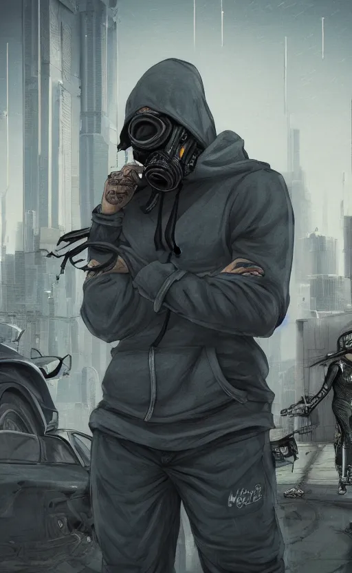Image similar to wolf gang, cyberpunk, gray hoodie, group photo, old car, abandoned warehouse, weapon, drugs, flex position, grey bandana, gasmask, non fiction stability, intricate, elegant, 8 k, uhd, justify, artstation, concept art, matte, sharp focus, illustration, consistent, highly detailed object content, proportional object content