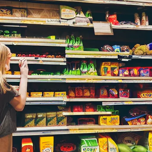 Image similar to a woman in a supermarket trying to reach for something on the top shelf, storybook illustration, monochromatic