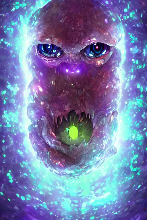 Image similar to a glowing humanoid crystal monster with gemstones for eyes, highly detailed, digital art, sharp focus, trending on art station, anime art style