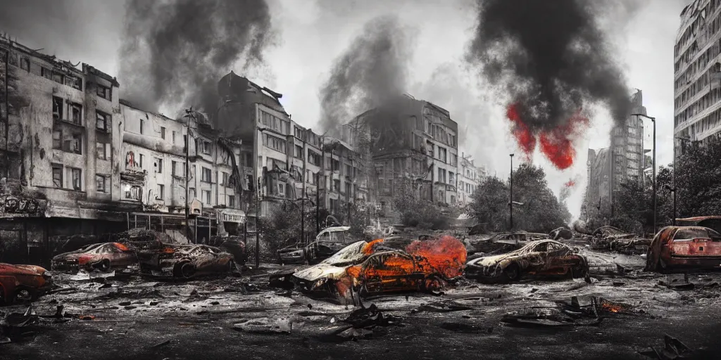 Image similar to post - apocalyptic kreuzberg streets, burned cars, explosions, colorful smoke, hyperrealistic, gritty, damaged, dark, urban photography, photorealistic, high details