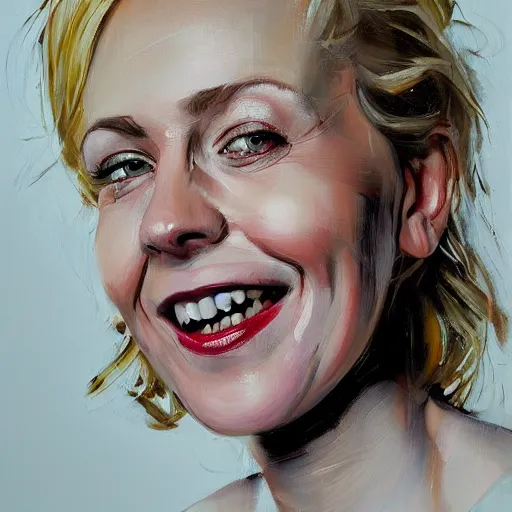 Prompt: portrait painting of woman from scandinavia, 4 0 years old, blonde hair, daz, occlusion, smiling and looking directly, brushstrokes, white background, art by enki bilal