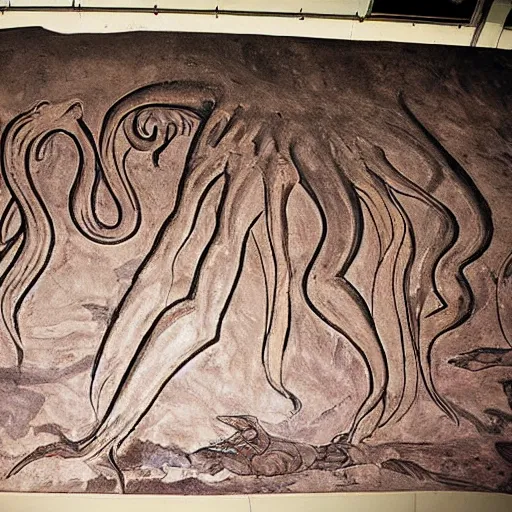 Prompt: an gigantic ancient cave drawing showing Cthulhu