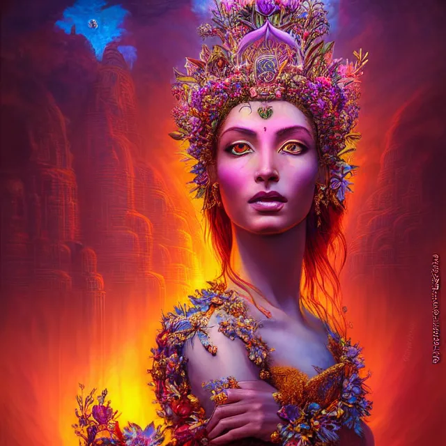 Prompt: Beautiful 3d render of the flower queen goddess in a sensual pose, with the third eye on her forehead, atmospheric lighting, painted, intricate, volumetric lighting, beautiful, rich deep colours masterpiece, sharp focus, ultra detailed, in the style of Dan Mumford and marc simonetti, with a crowded futuristic cyberpunk dubai city in the background, astrophotgraphy
