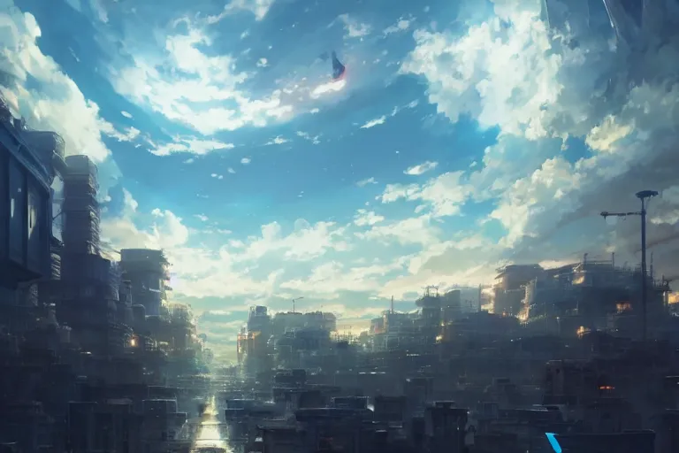 Image similar to ultra realistic city floating on clouds, colors, 8 k, hd, details, fantasy, epic, ancient city, landscape illustration concept art anime key visual trending pixiv fanbox by wlop and greg rutkowski and makoto shinkai and studio ghibli and kyoto animation symmetrical facial features