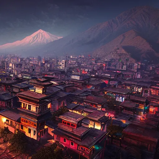 Prompt: a landscape image of kathmandu in a style of cyberpunk, highly detailed, cinematic lighting, hyperrealistic, 4 k, digital art