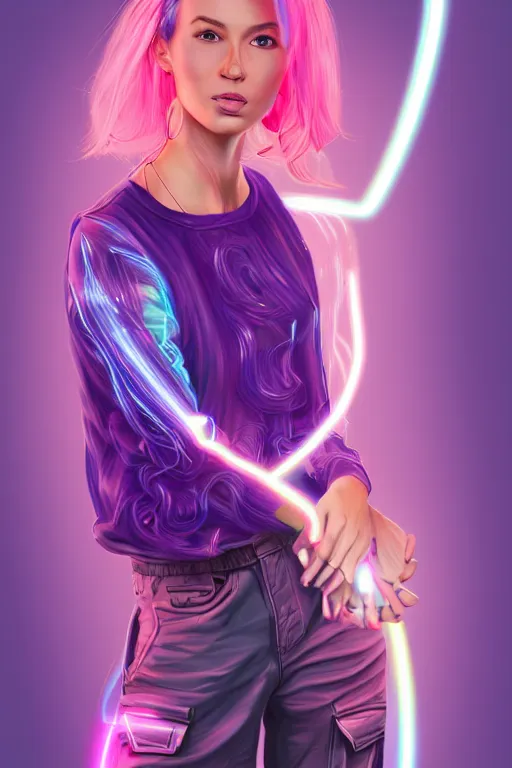 Image similar to a award winning half body portrait of a beautiful woman in a croptop and cargo pants with ombre purple pink teal hairstyle and hands in pockets by ari liloan, surrounded by whirling illuminated lines, outrun, vaporware, shaded flat illustration, digital art, trending on artstation, highly detailed, fine detail, intricate