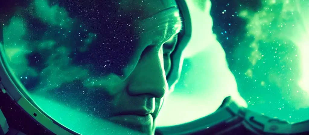 Prompt: extreme close up astronaut portrait, green [ [ [ crystal ] ] ] caves, amethyst, beautiful dynamic lighting, nebula sky, cinematic, wide angle establishing shot, extremely high detail, photo realistic, cinematic lighting, matte painting, interstellar, greg rutkowski, roger deakins