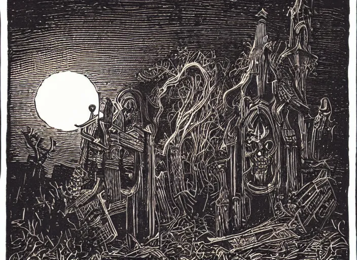 Image similar to two tone woodcut print, halloween ghost in graveyard at midnight by greg rutkowski, fine details, highly detailed