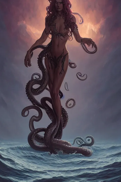 Image similar to lovercraft creature emerging from the sea, horror, darkness, tentacles, highly detailed, digital painting, artstation, concept art, matte, sharp focus, illustration, hearthstone, art by artgerm and greg rutkowski and alphonse mucha