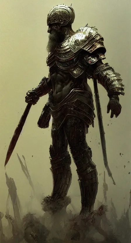 Image similar to zeus god, wearing thunder armor, greek ornamented armor, beksinski, ruan jia, weta workshop concept art