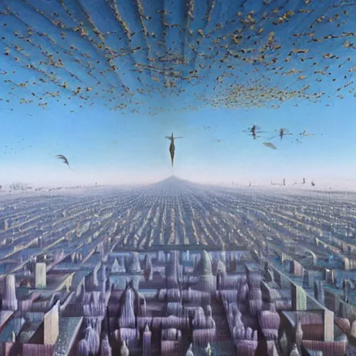 Image similar to an endless city. birds fly overhead. murmuration, it goes in forever, dreamscape masterpiece. salvador dali, highly detailed. barlowe. 8 k.