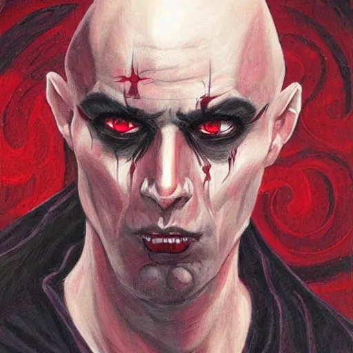 Image similar to d & d painting portrait necromancer man with bald head, red eyes, pallid skin, long flowing black and red robes. in style of larry elmore