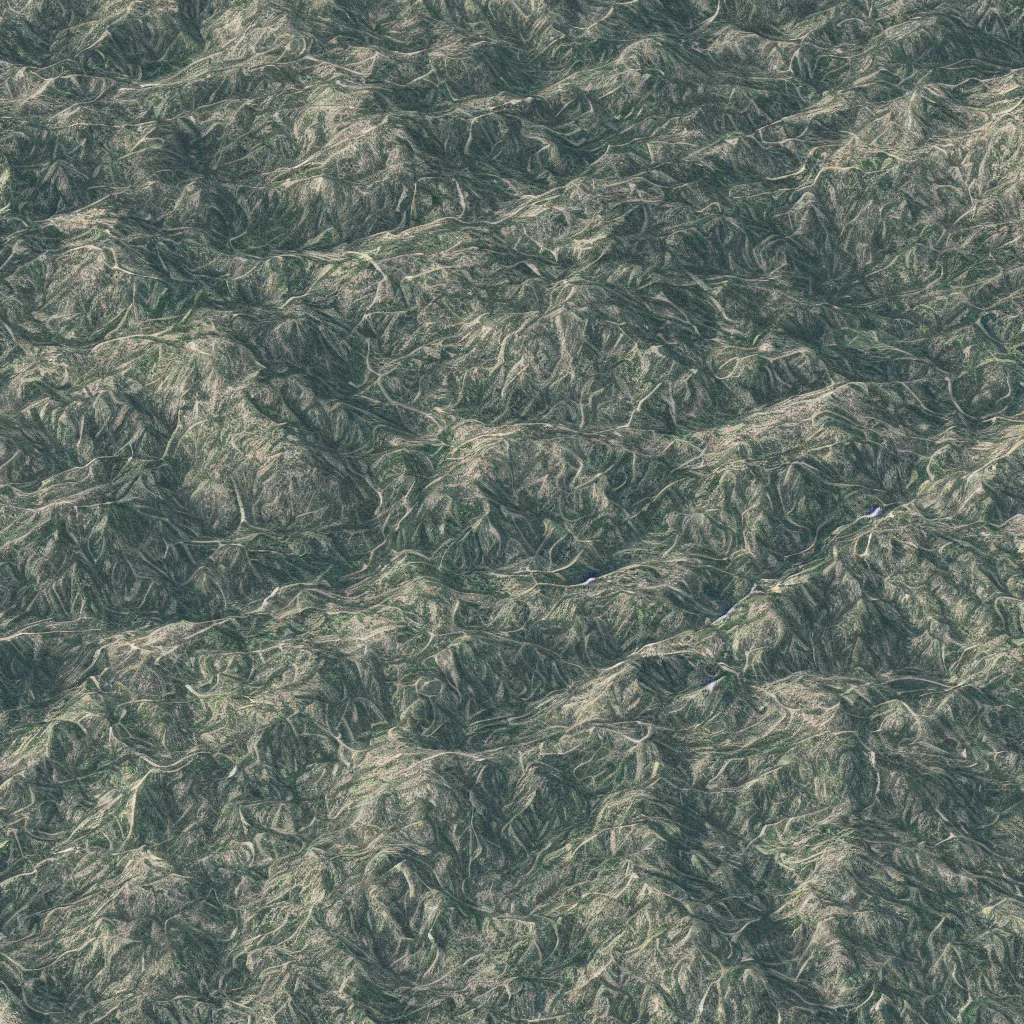 Prompt: overhead view of terrain, 2000 meters squared, photorealistic, concept art, seamless texture
