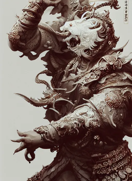 Image similar to subsurface scattering, white, koi, samurai deity with filigree armor, blood, octane render, by jesper ejsing, james jean, justin gerard, tomasz alen kopera, cgsociety and fenghua zhong, highly detailed, rim light, cinematic lighting, illustration, art, very coherent, cinematic, hyper realism, high detail, 8 k