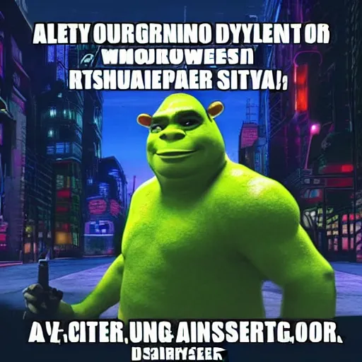 Prompt: Cyber punk shrek, dystopian, realistic, existential